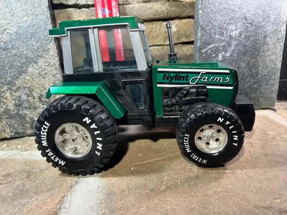 Vintage Nylint Farms green pressed steel and plastic tractor & wagon
